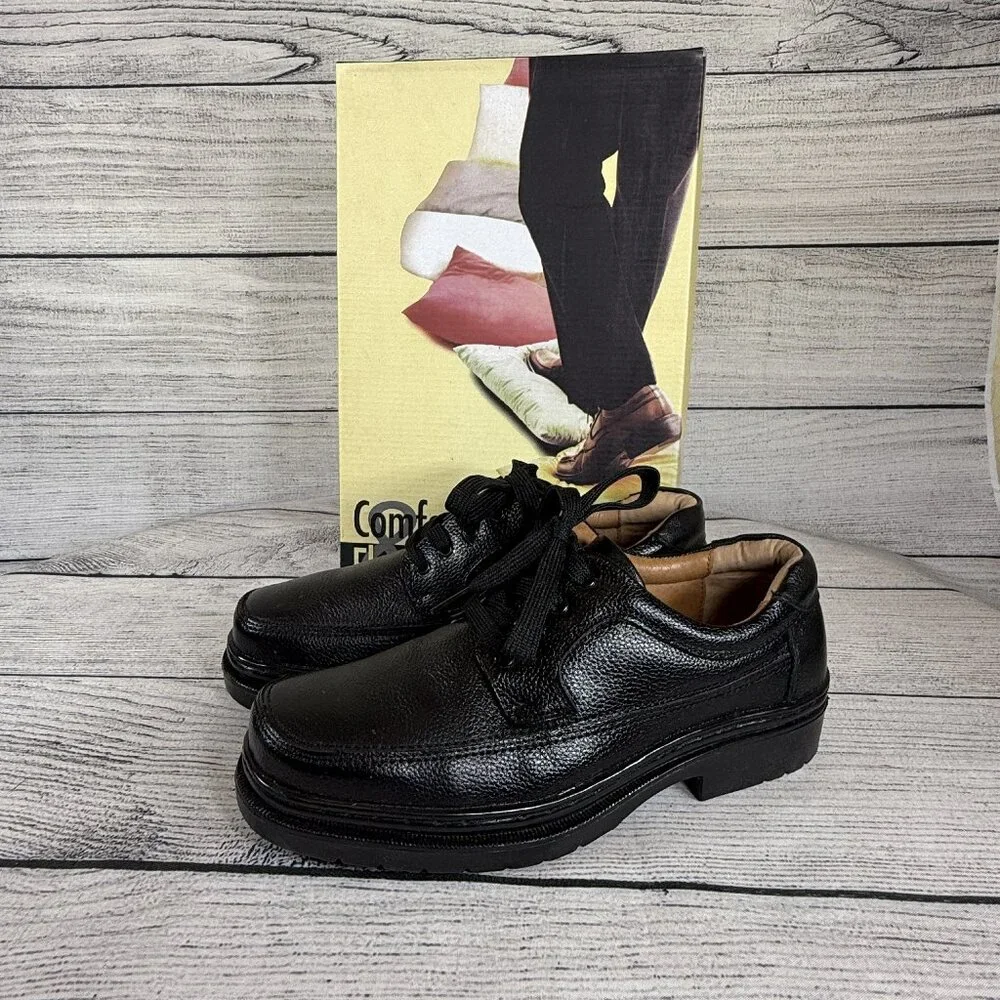 NWT Comfort & Flex Man's Black Leather Oxfords Derby Style Size 8